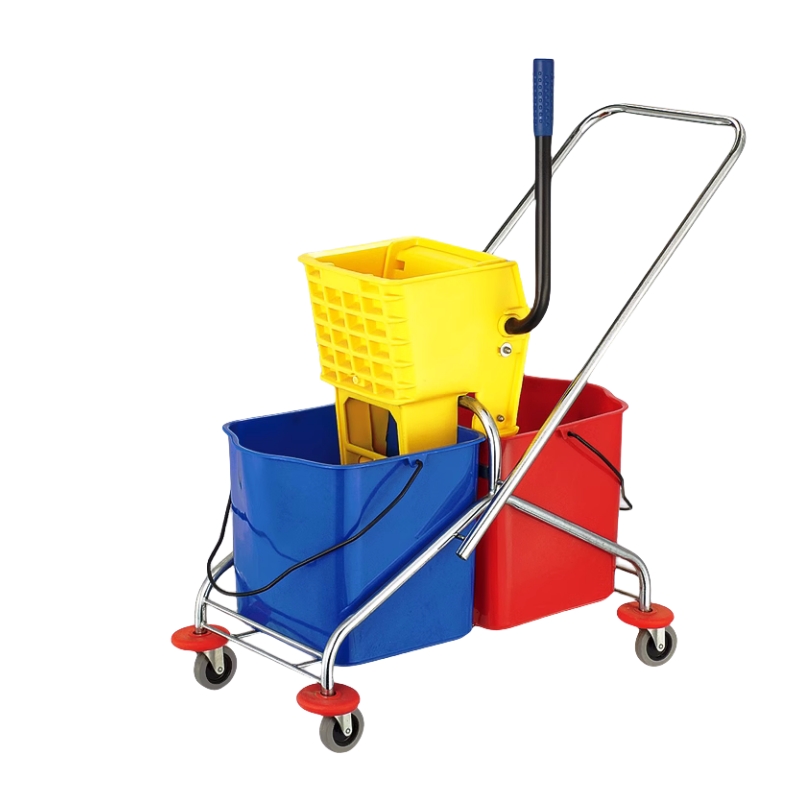 Carrello strizzatoio con secchio per scopa per pulizia pavimenti in plastica gialla con pressa laterale per doppio mocio